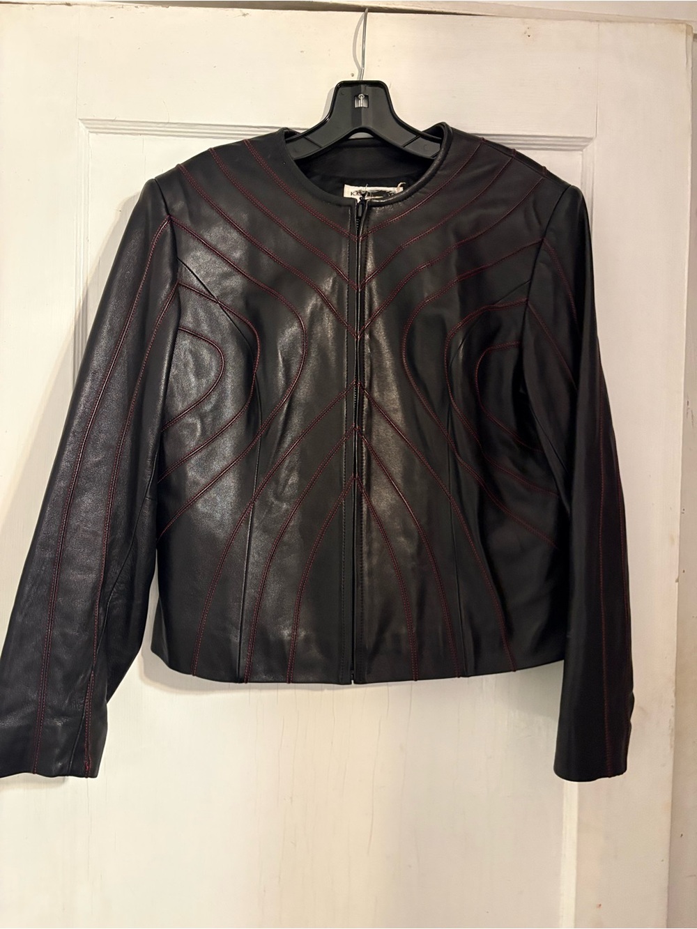Karen Kane Women's Black Leather Jacket with Red Stitching Detail